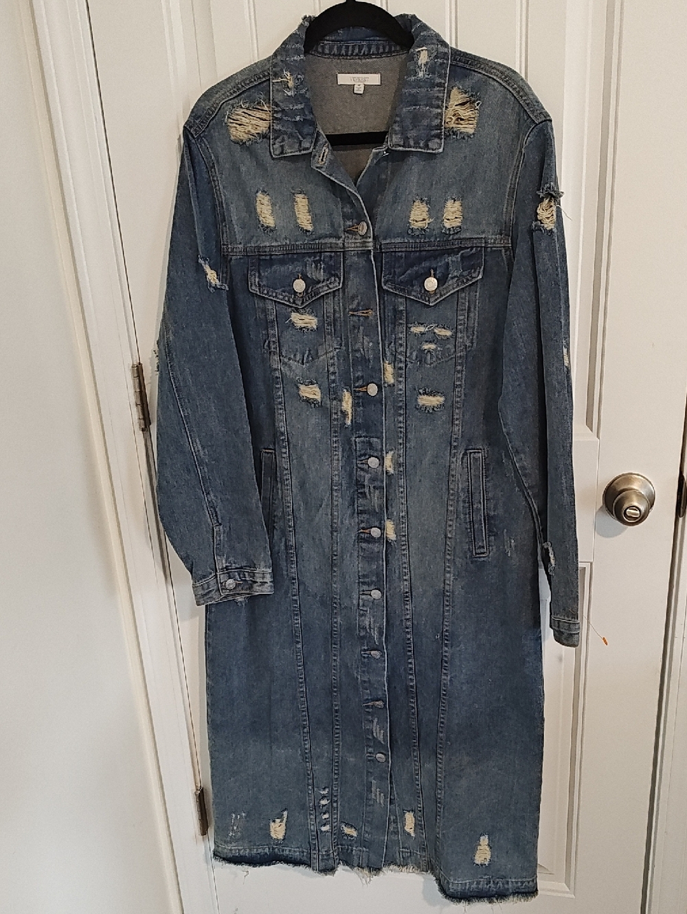 Veveret Women Distressed Long Maxi Denim Trench Duster Jacket  Classic Blue